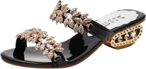 oiangi Sparkly Rhinestones Sandals for Women Chunky Heel Double Straps Sequined Open Toe Slip on Mid Heel Shoes Party Wedding Club Sandalias Slipper