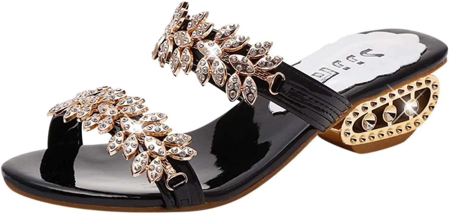 oiangi Sparkly Rhinestones Sandals for Women Chunky Heel Double Straps Sequined Open Toe Slip on Mid Heel Shoes Party Wedding Club Sandalias Slipper