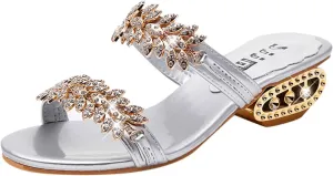 oiangi Sparkly Rhinestones Sandals for Women Chunky Heel Double Straps Sequined Open Toe Slip on Mid Heel Shoes Party Wedding Club Sandalias Slipper