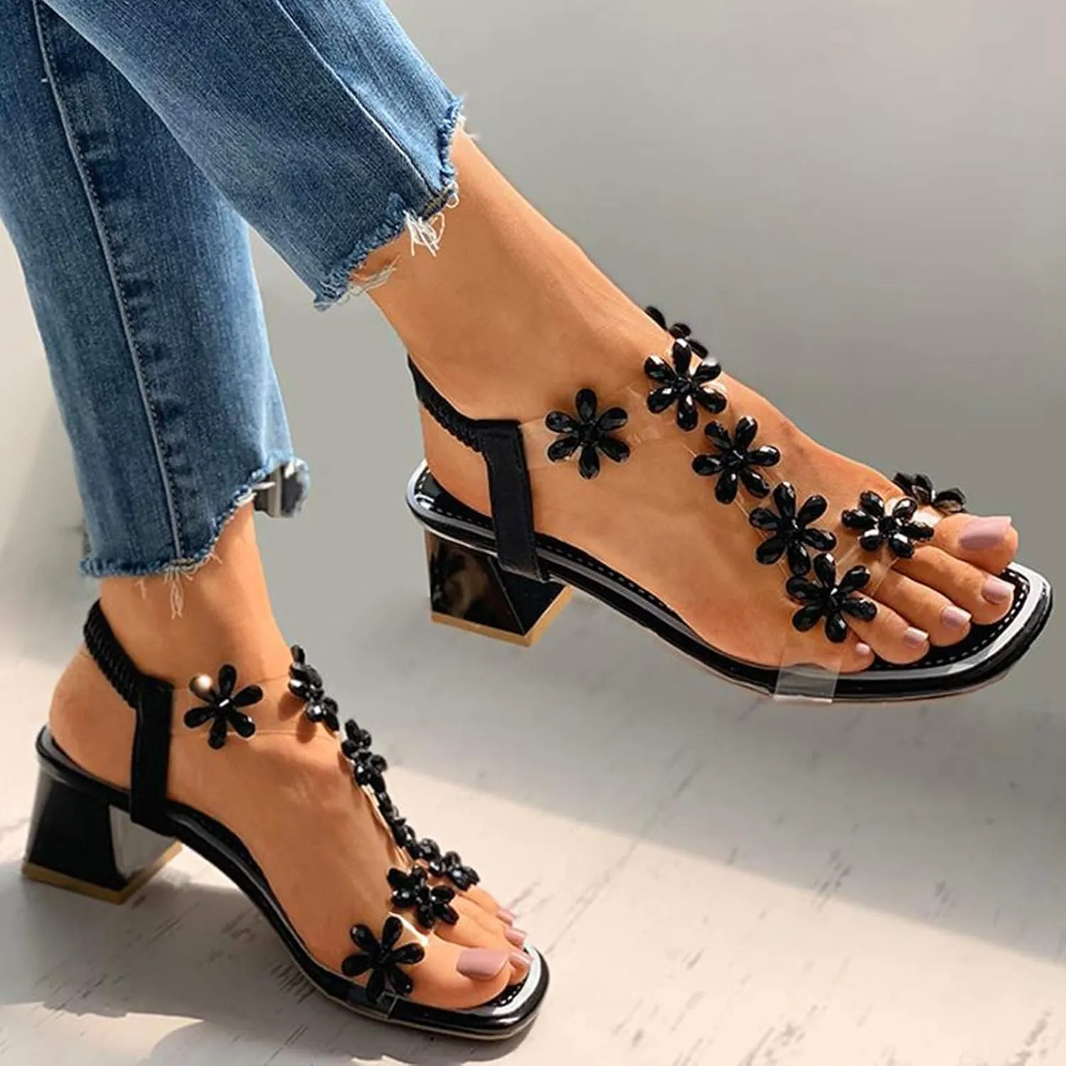 oiangi Square Heels Sandals for Women,Bohemia Flower Rhinestones Clear Elastic Straps Open Toe Chunky High Heel Sandals Summer Comfy Casual Slip-on Beach Shoes