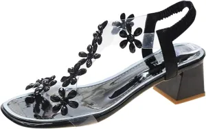oiangi Square Heels Sandals for Women,Bohemia Flower Rhinestones Clear Elastic Straps Open Toe Chunky High Heel Sandals Summer Comfy Casual Slip-on Beach Shoes