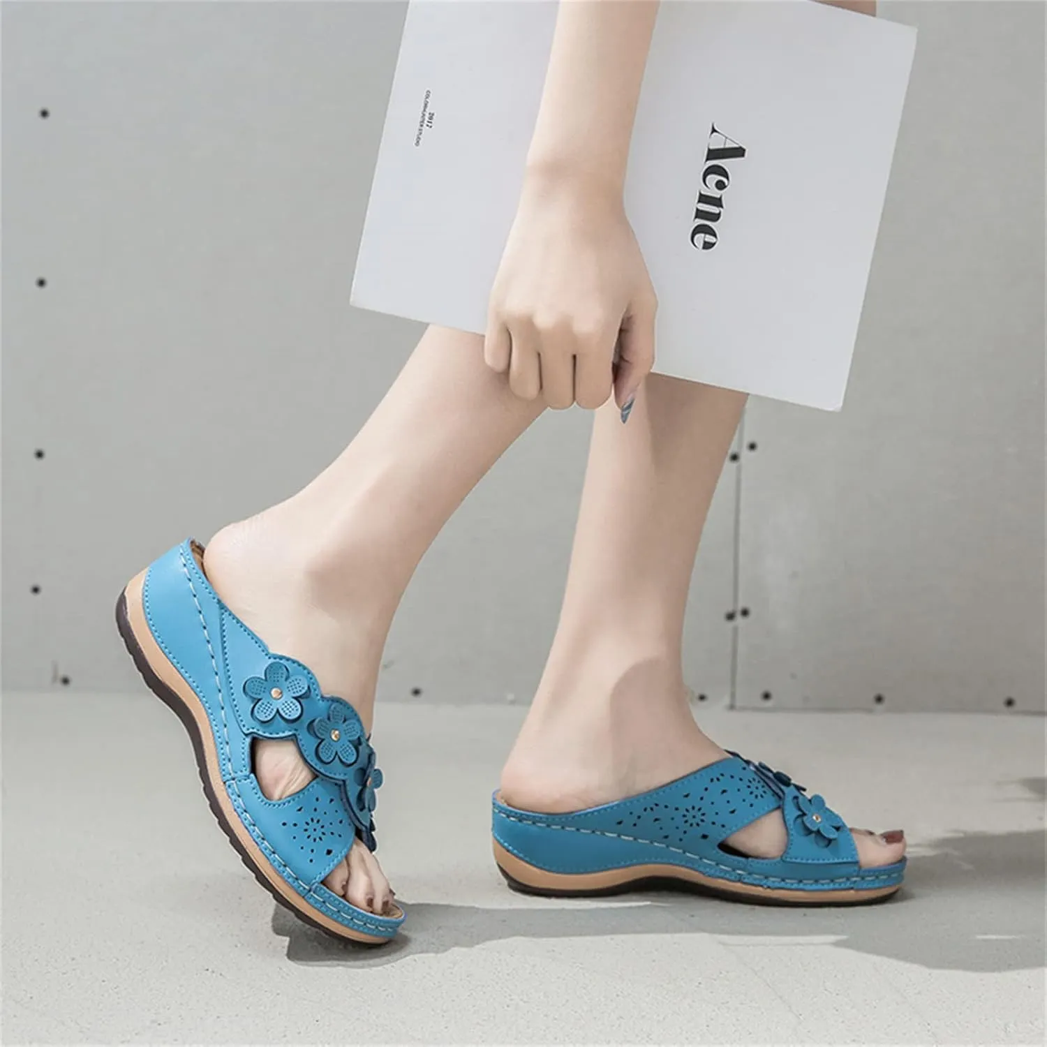 ORNVEION Open Toe Fancy Flower Women Wedge Orthopedic Sandals,Hollowed Slip on Arch Support Sandals Casual Bohemian Fashion Non-Slip Lightweight Slippers