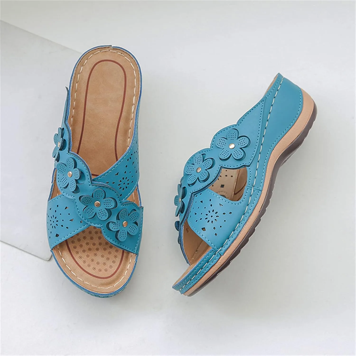 ORNVEION Open Toe Fancy Flower Women Wedge Orthopedic Sandals,Hollowed Slip on Arch Support Sandals Casual Bohemian Fashion Non-Slip Lightweight Slippers