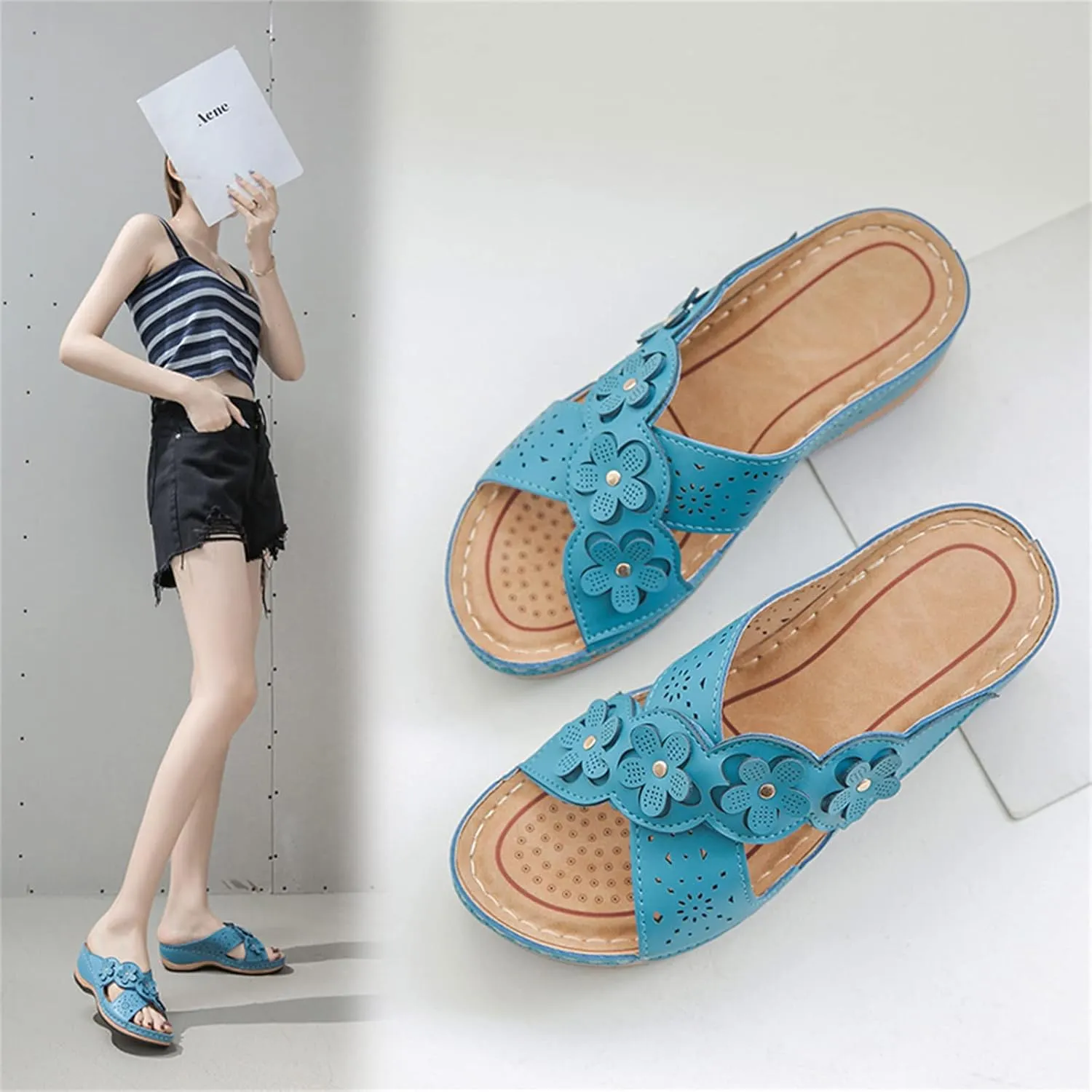 ORNVEION Open Toe Fancy Flower Women Wedge Orthopedic Sandals,Hollowed Slip on Arch Support Sandals Casual Bohemian Fashion Non-Slip Lightweight Slippers