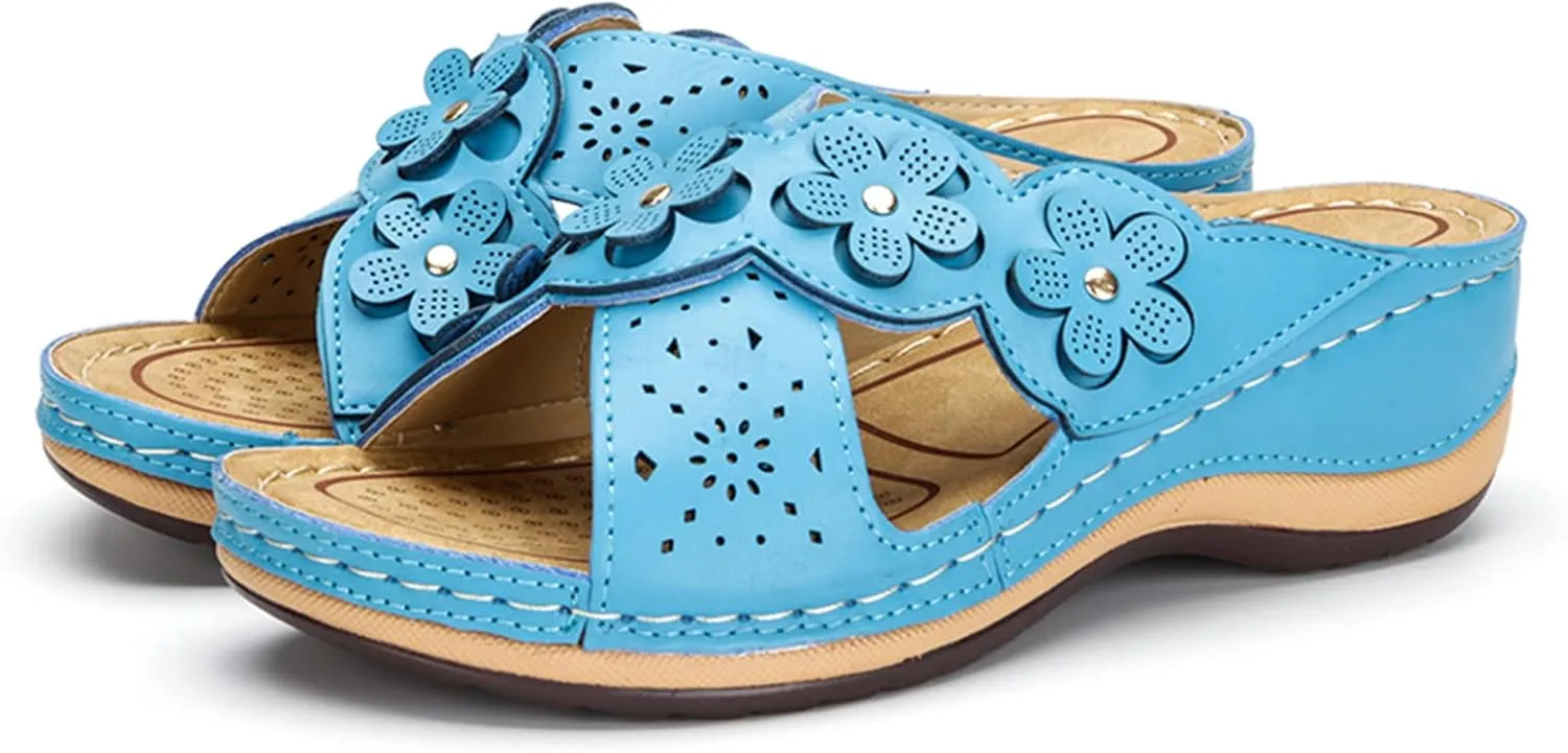 ORNVEION Open Toe Fancy Flower Women Wedge Orthopedic Sandals,Hollowed Slip on Arch Support Sandals Casual Bohemian Fashion Non-Slip Lightweight Slippers