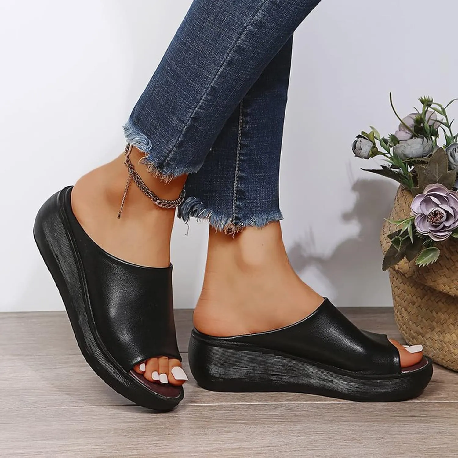 ORNVEION Women's Slip-On Platform Wedge High Heel Sandals,Comfortable and Soft Fashion Open Toe Slippers, Casual Outdoor Shoes