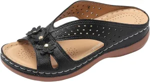 Orthopedic Sandals for Women 2025 Casual Vintage Flats Embroidered Vintage Hollow Summer Slippers Casual Outdoor Round Toe Shoes Fashion Flat Cute Floral Slide