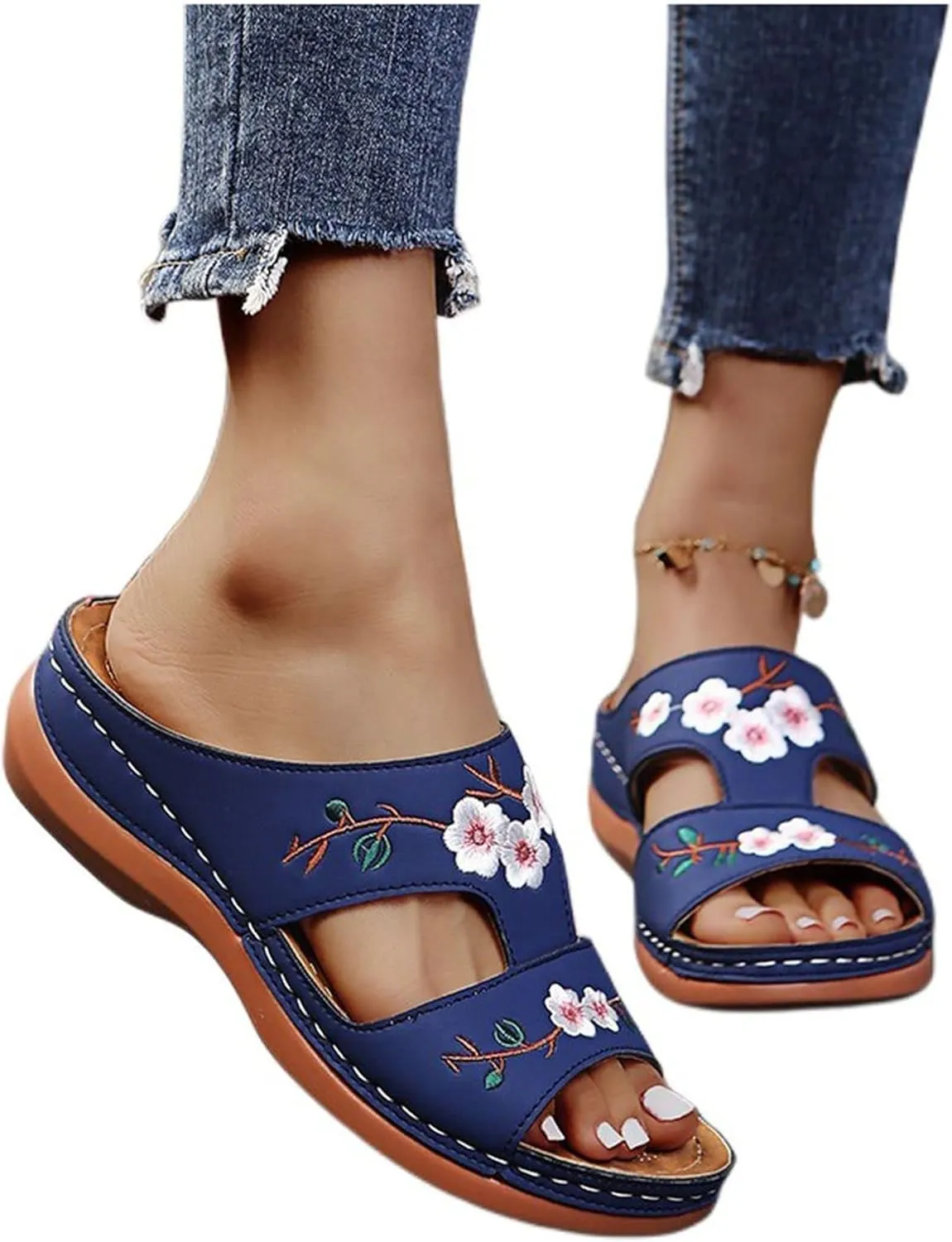 Orthopedic Sandals for Women Arch Support Walking Slippers Slip On Wide Width Anti-Slip Breathable Sandal Summer Flat Plantar Fasciitis Open Toe Beach Shoes Wedge Slides Platform