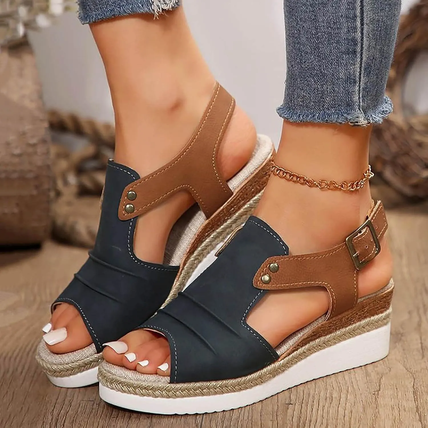 Orthopedic Wedge Sandals for Women 2025 Summer Dressy Flat Open Toe Ankle Strap Espadrilles Casual Strappy Slip on Platform Sandals Shoes Beach Boho Sandals Comfortable Outdoor Shoe