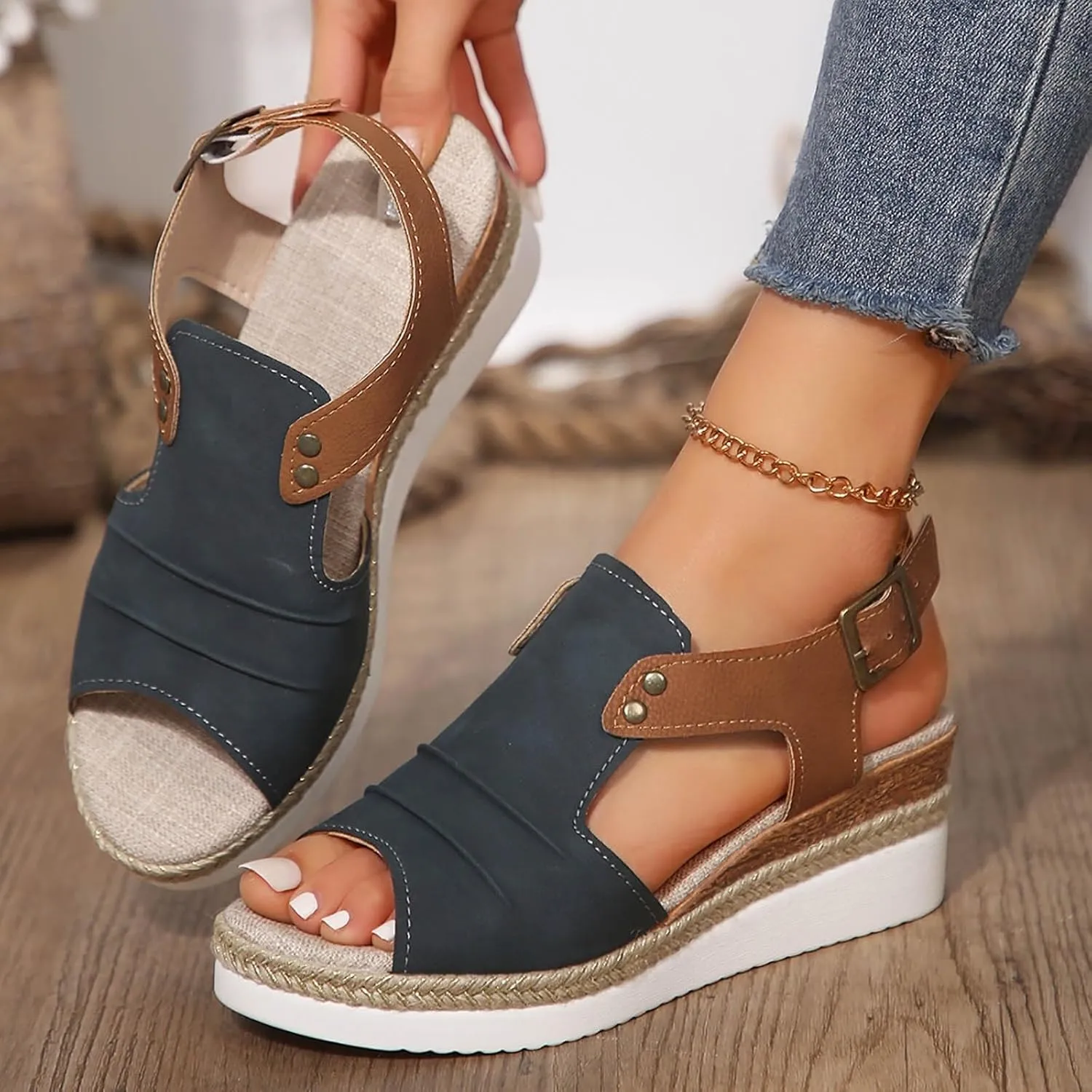 Orthopedic Wedge Sandals for Women 2025 Summer Dressy Flat Open Toe Ankle Strap Espadrilles Casual Strappy Slip on Platform Sandals Shoes Beach Boho Sandals Comfortable Outdoor Shoe