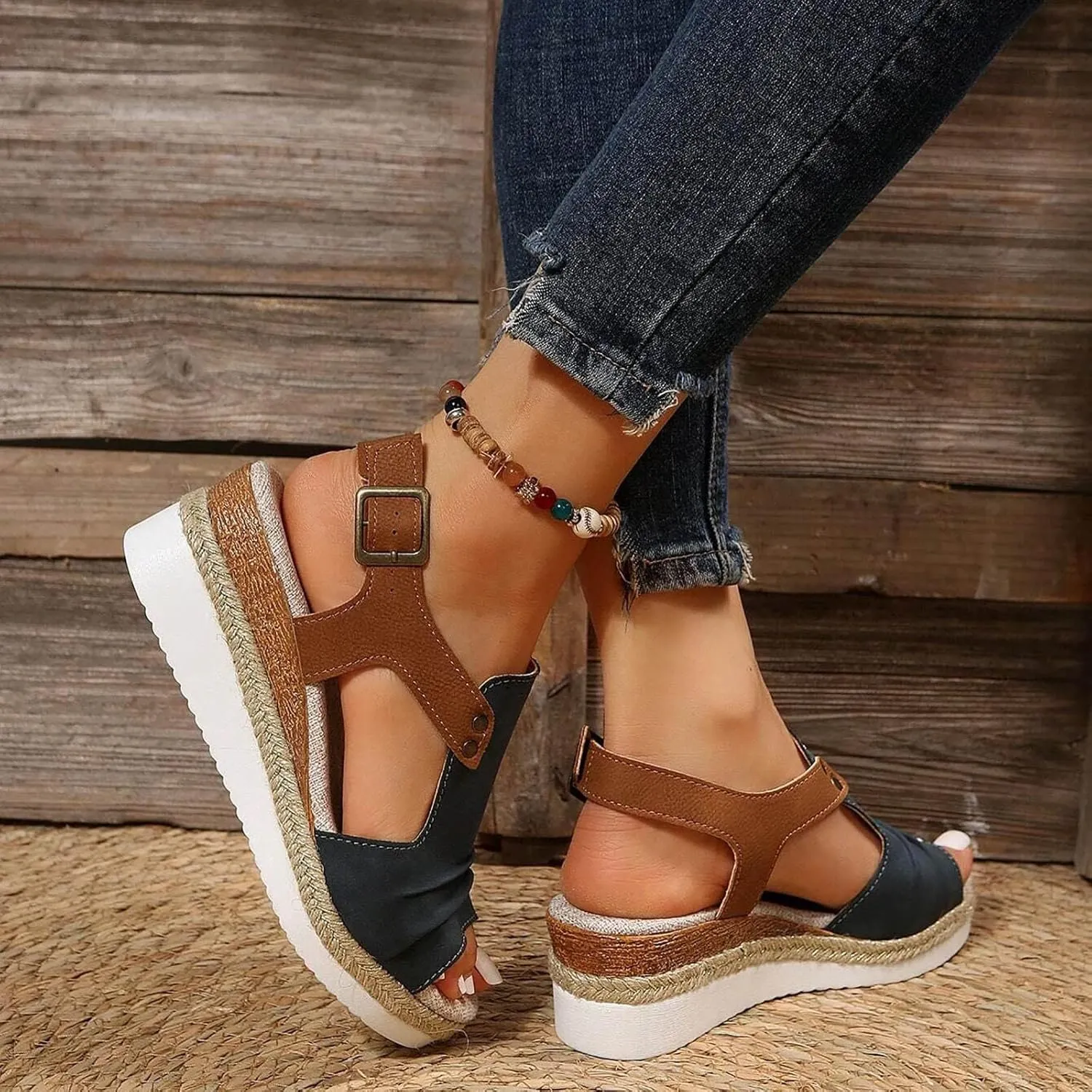 Orthopedic Wedge Sandals for Women 2025 Summer Dressy Flat Open Toe Ankle Strap Espadrilles Casual Strappy Slip on Platform Sandals Shoes Beach Boho Sandals Comfortable Outdoor Shoe