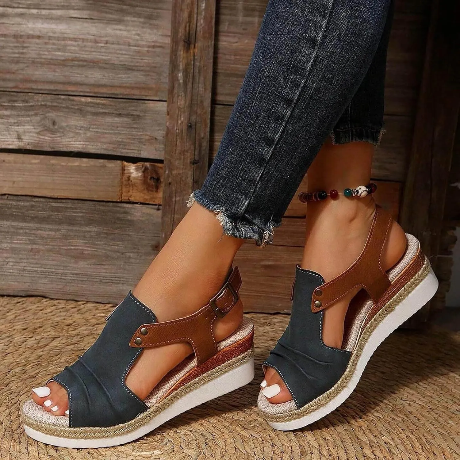Orthopedic Wedge Sandals for Women 2025 Summer Dressy Flat Open Toe Ankle Strap Espadrilles Casual Strappy Slip on Platform Sandals Shoes Beach Boho Sandals Comfortable Outdoor Shoe