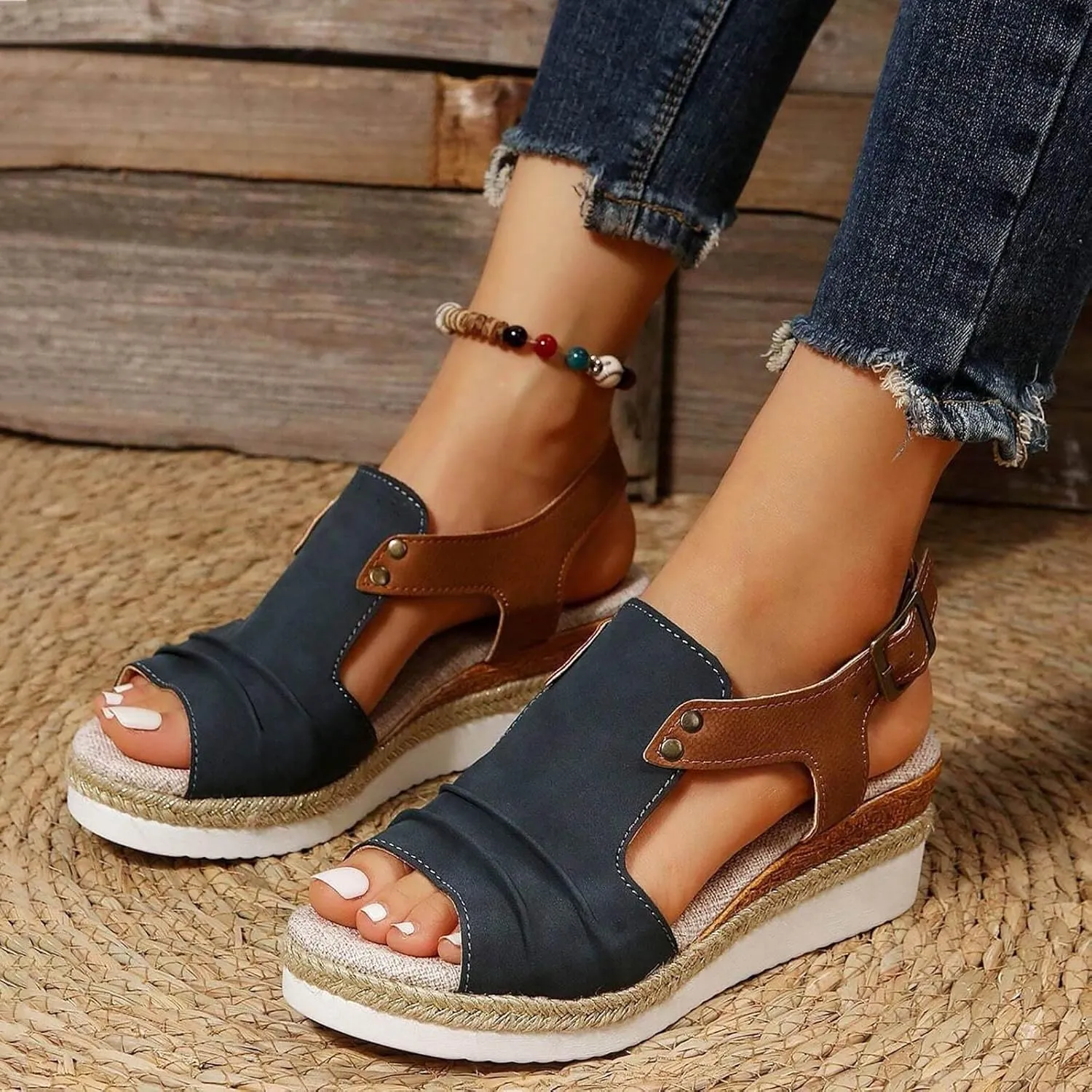 Orthopedic Wedge Sandals for Women 2025 Summer Dressy Flat Open Toe Ankle Strap Espadrilles Casual Strappy Slip on Platform Sandals Shoes Beach Boho Sandals Comfortable Outdoor Shoe