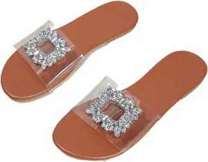 OYOANGLE Women's Rhinestone Clear Sandals Sparkly Transparent Open Toe Flat Slides Casual Outdoor Slippers