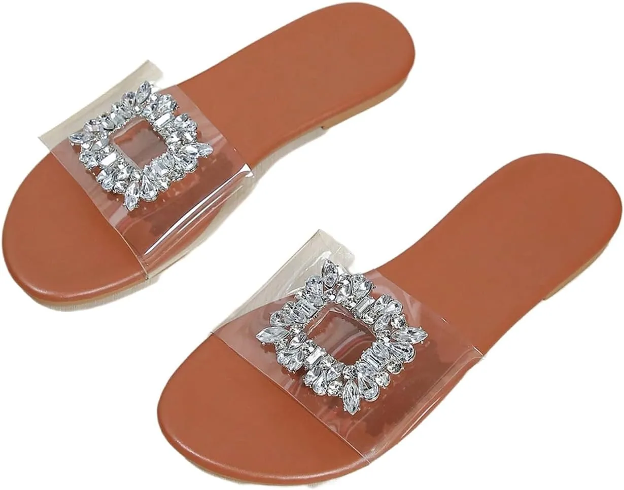 OYOANGLE Women's Rhinestone Clear Sandals Sparkly Transparent Open Toe Flat Slides Casual Outdoor Slippers
