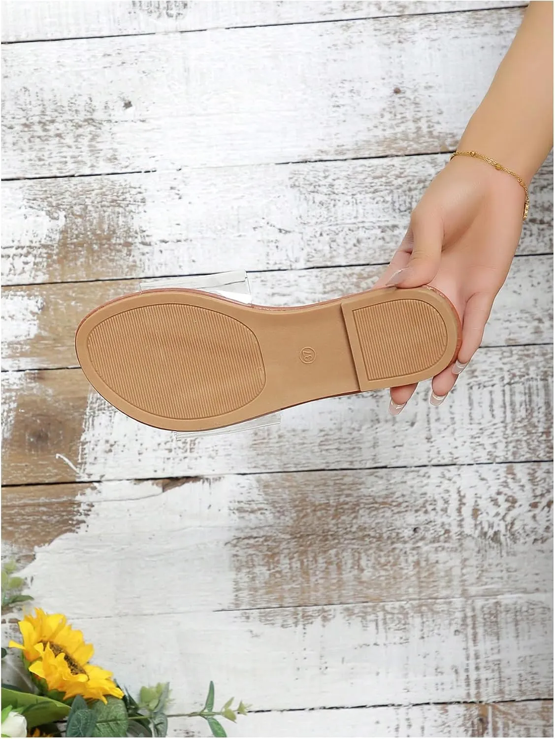 OYOANGLE Women's Rhinestone Clear Sandals Sparkly Transparent Open Toe Flat Slides Casual Outdoor Slippers
