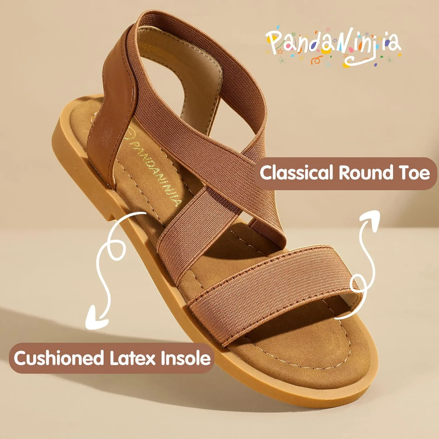 PANDANINJIA Girls Sandals Slip-on Elastic Ankle Cross Strappy Gladiator Dress Sandals Flats Summer Shoes Little Big Kids Sandals
