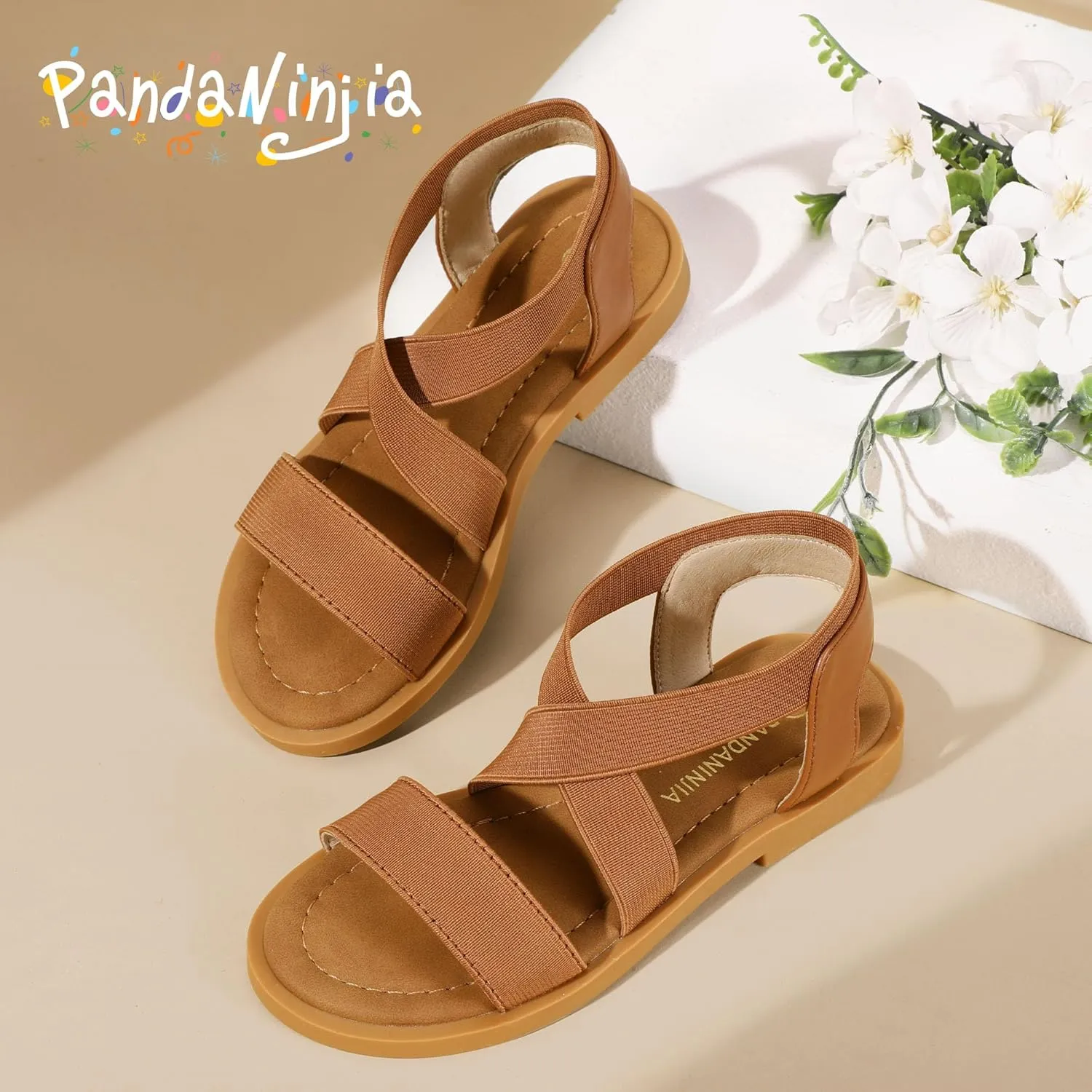 PANDANINJIA Girls Sandals Slip-on Elastic Ankle Cross Strappy Gladiator Dress Sandals Flats Summer Shoes Little Big Kids Sandals