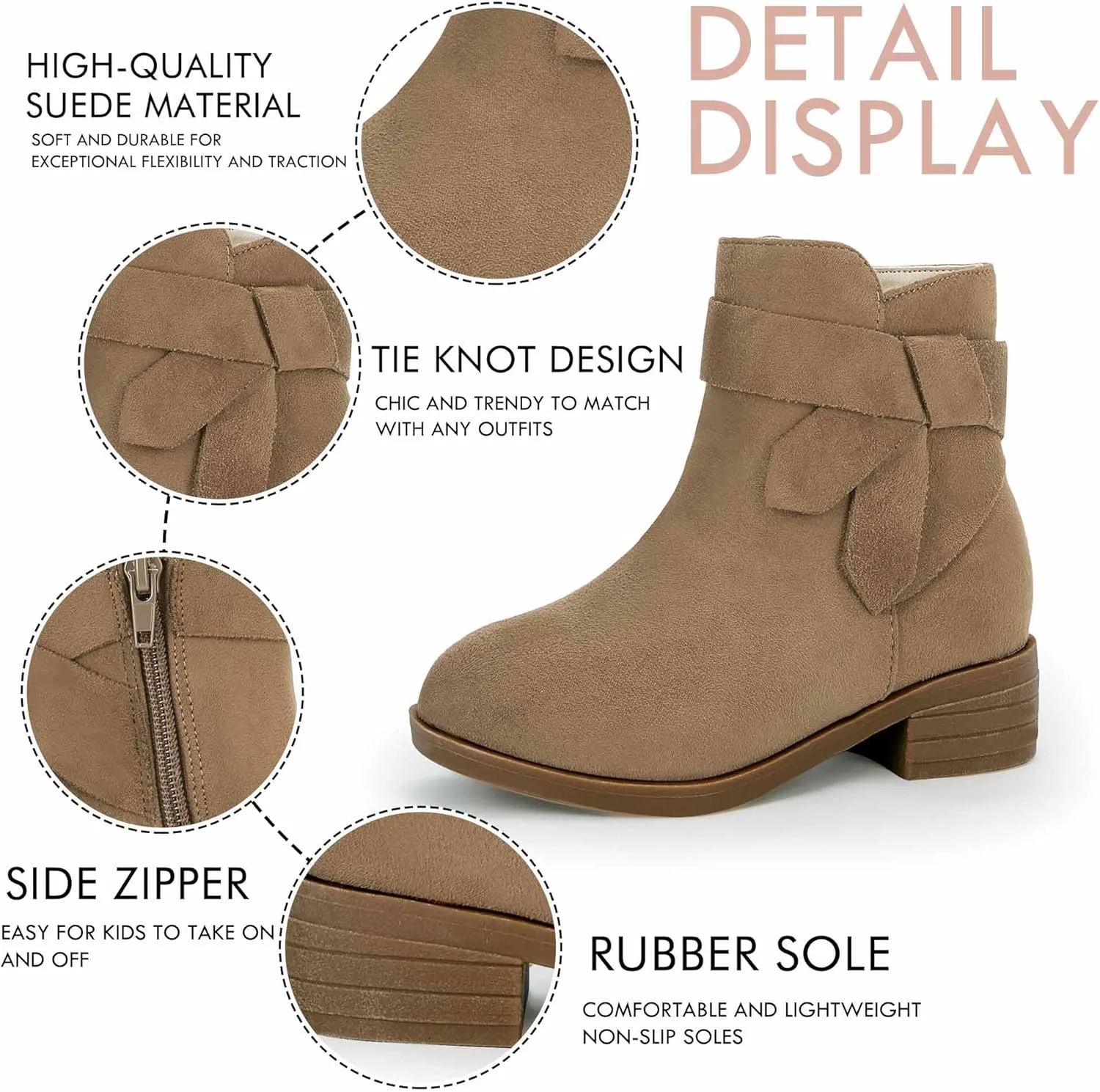 PiePieBuy Kids Girls Tie Knot Ankle Boots Chunky Low Block Heel Chelsea Dress Booties Winter Shoes With Zipper