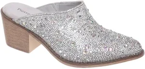 Pierre Dumas Women Pointed Toe Rhinestone Slip on Mules Chunky Heel Sandals