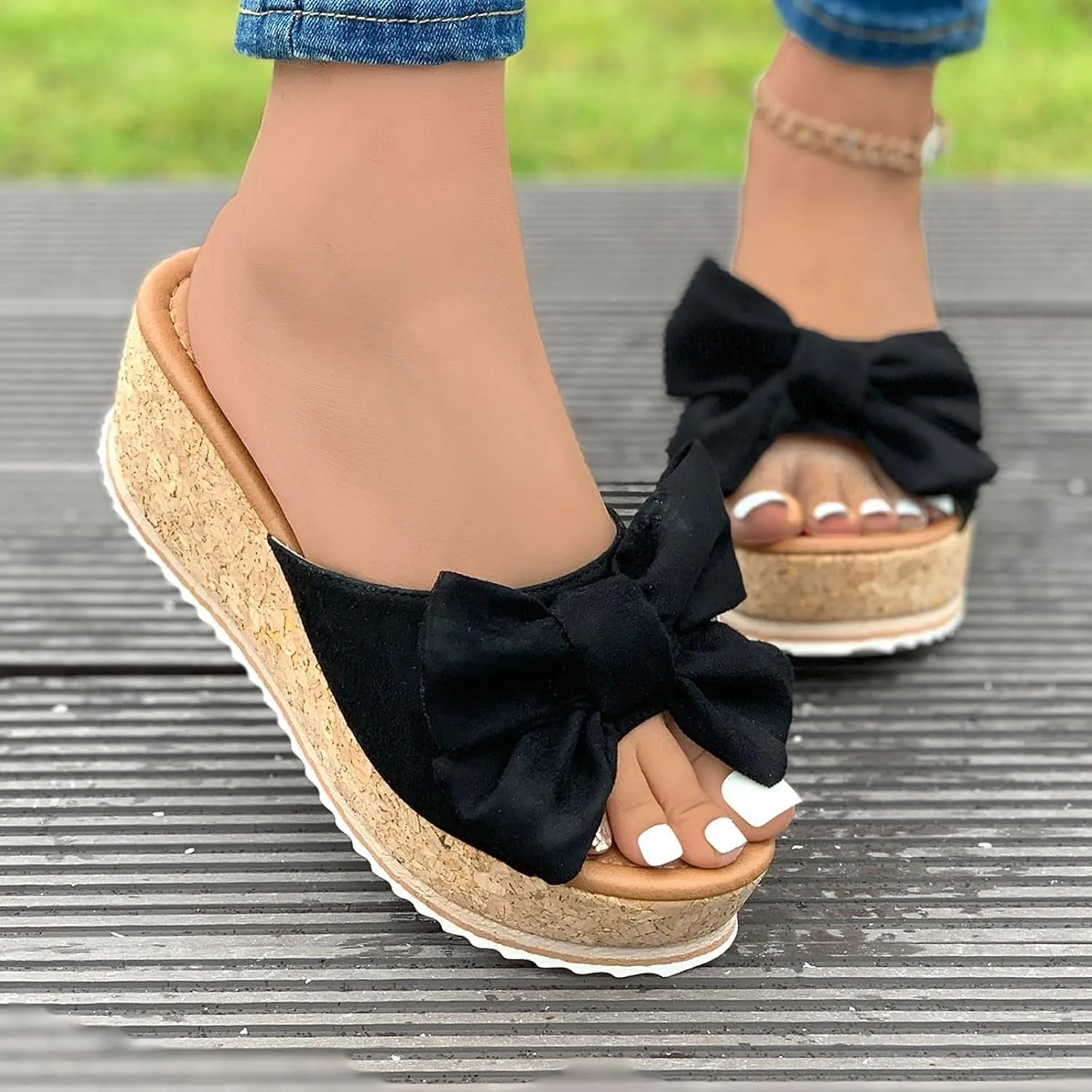 Platform Sandals for Women Trendy Bow-Knot Slide Wedge Slippers Comfortable Elegant Cute Beach Slippers Summer Walking Indoor Outdoor Shoes