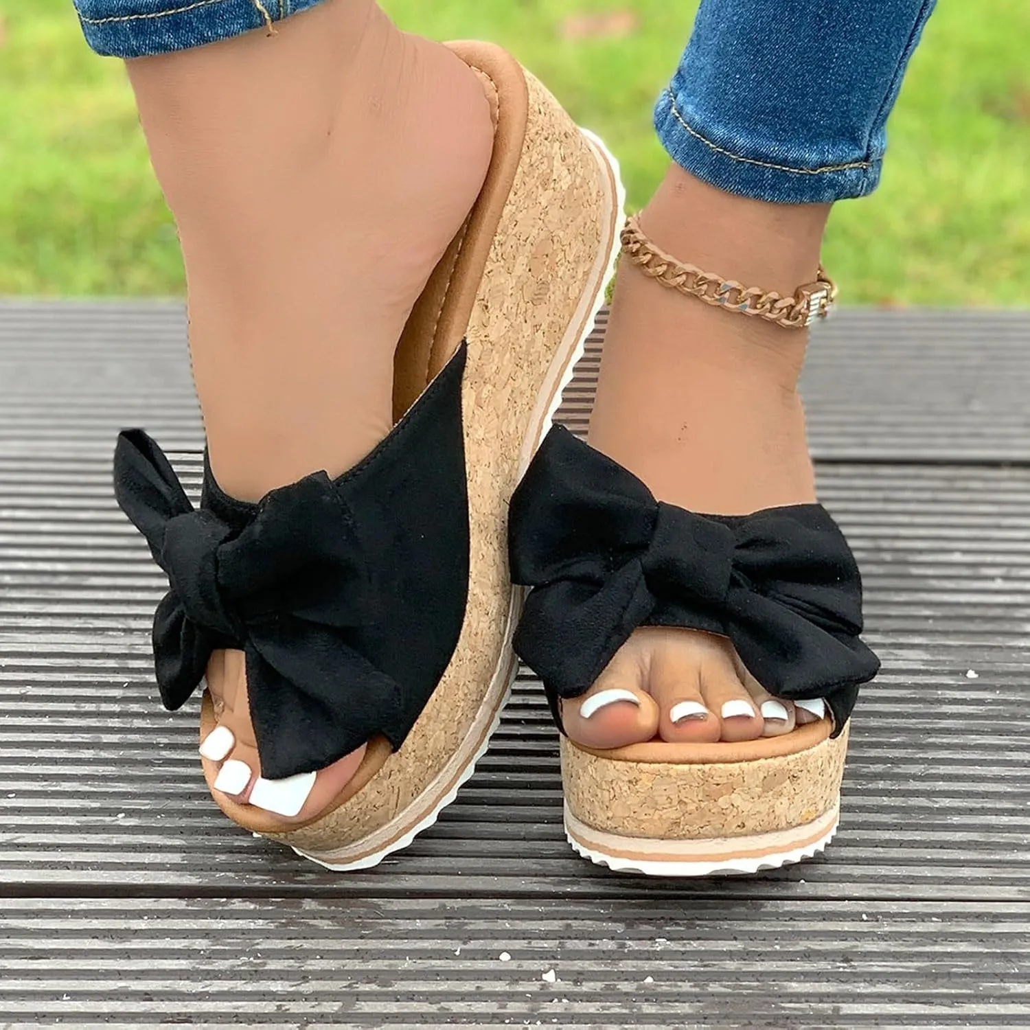 Platform Sandals for Women Trendy Bow-Knot Slide Wedge Slippers Comfortable Elegant Cute Beach Slippers Summer Walking Indoor Outdoor Shoes
