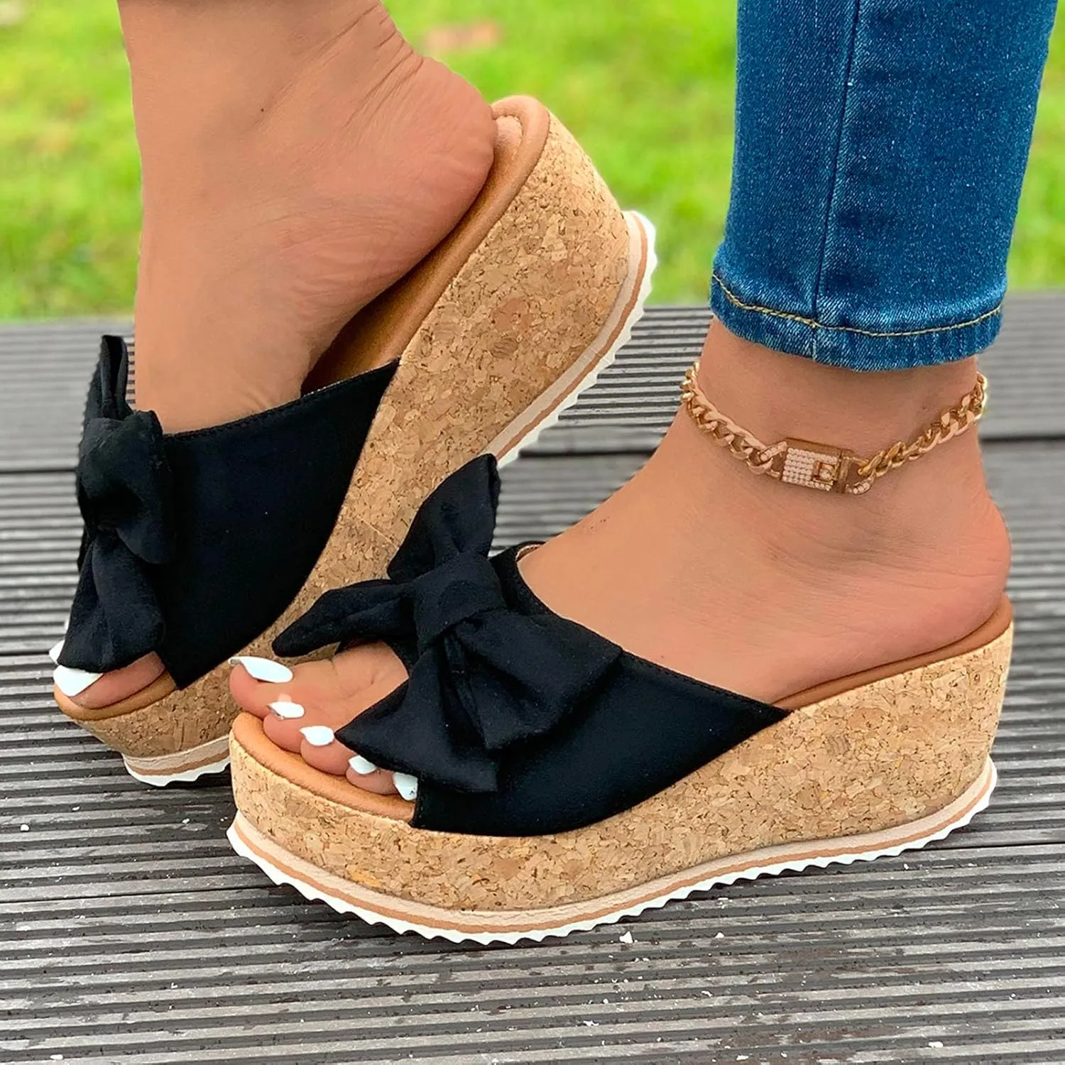 Platform Sandals for Women Trendy Bow-Knot Slide Wedge Slippers Comfortable Elegant Cute Beach Slippers Summer Walking Indoor Outdoor Shoes