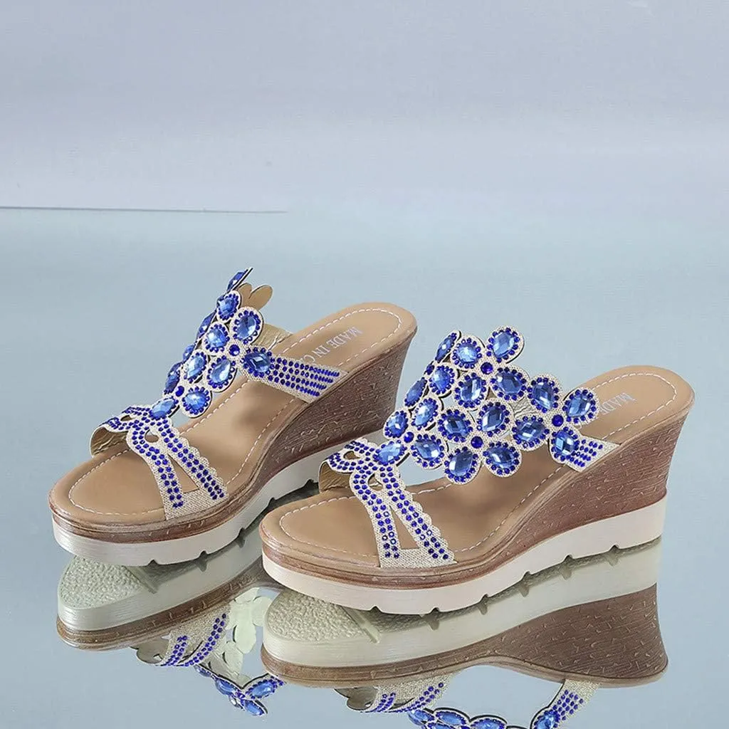Platform Sandals Women Rhinestone Wedge Slippers Fashion Bohemian Sandals Comfortable Slip on Beach Slippers