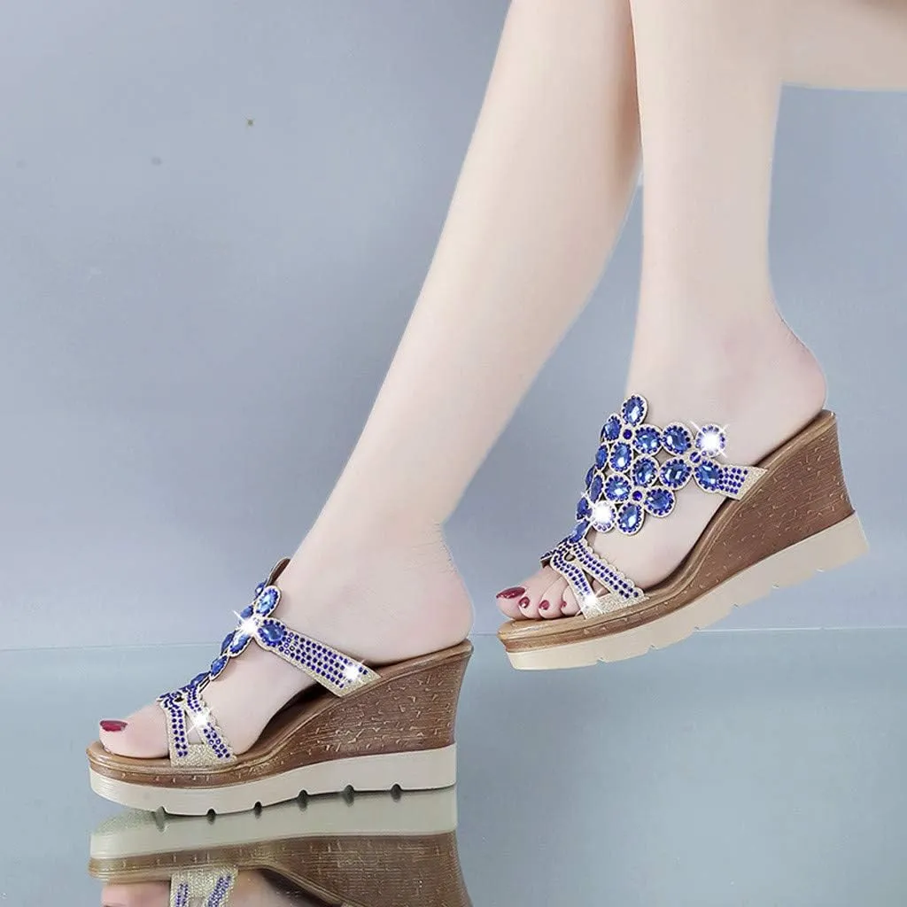 Platform Sandals Women Rhinestone Wedge Slippers Fashion Bohemian Sandals Comfortable Slip on Beach Slippers