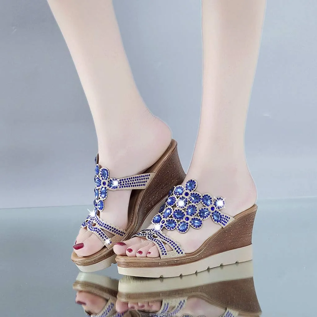 Platform Sandals Women Rhinestone Wedge Slippers Fashion Bohemian Sandals Comfortable Slip on Beach Slippers