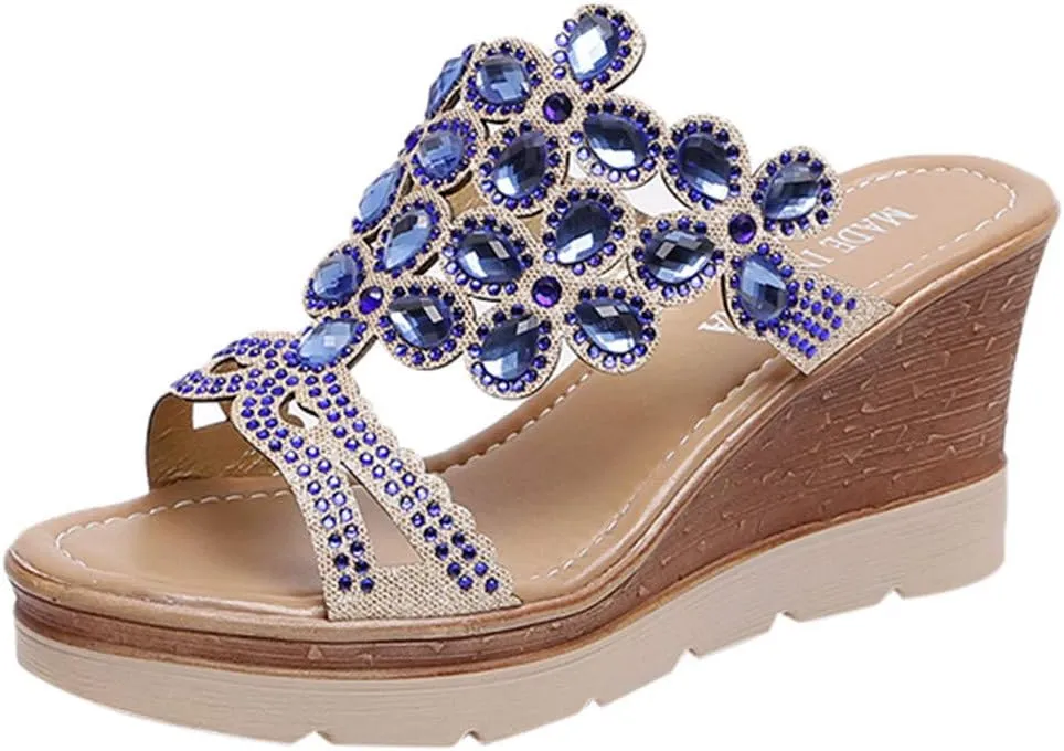 Platform Sandals Women Rhinestone Wedge Slippers Fashion Bohemian Sandals Comfortable Slip on Beach Slippers