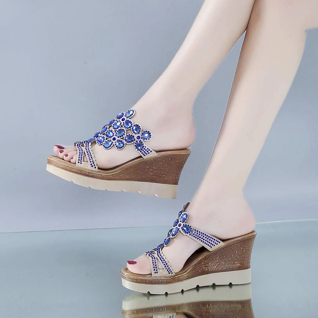 Platform Sandals Women Rhinestone Wedge Slippers Fashion Bohemian Sandals Comfortable Slip on Beach Slippers