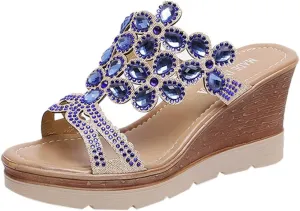 Platform Sandals Women Rhinestone Wedge Slippers Fashion Bohemian Sandals Comfortable Slip on Beach Slippers