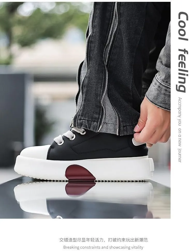 PU Leather Romantic Chunky Platform Sneakers with 2.36 Inch Hidden Wedge for Women Daily Wear Love Heart Sole Design Couple Matching Street Style
