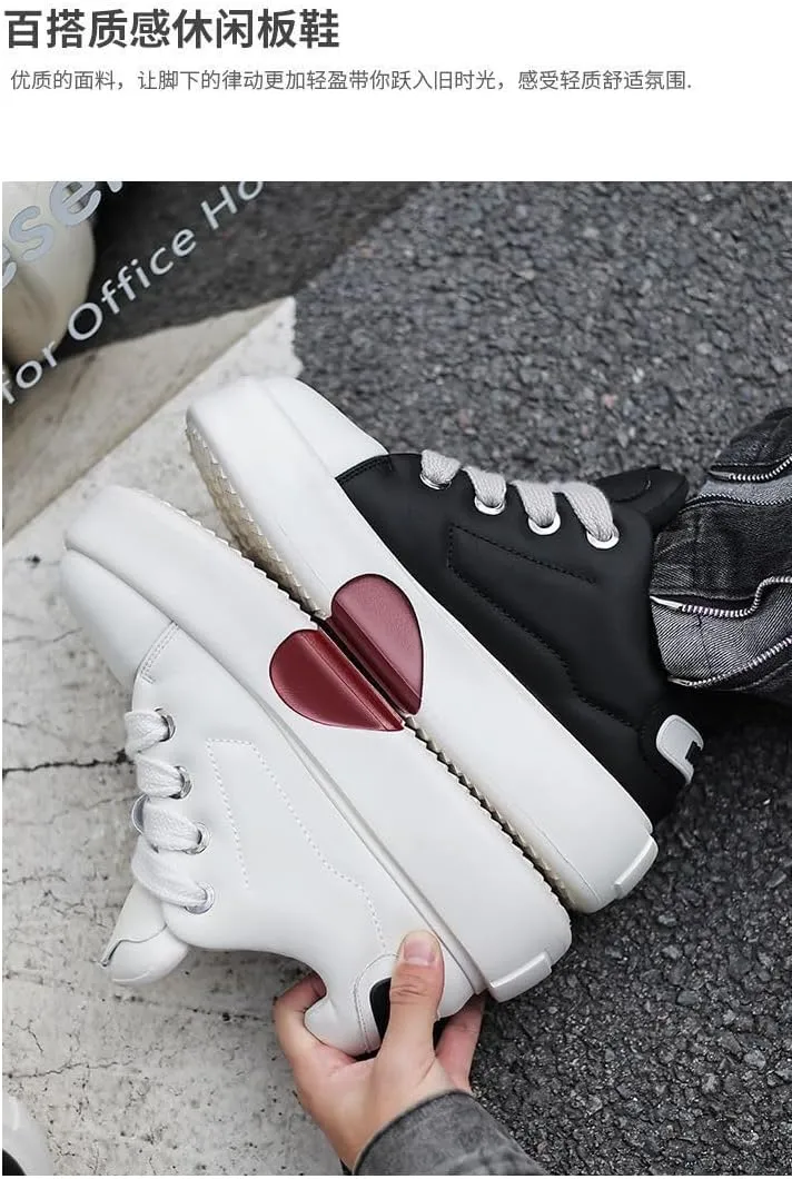 PU Leather Romantic Chunky Platform Sneakers with 2.36 Inch Hidden Wedge for Women Daily Wear Love Heart Sole Design Couple Matching Street Style