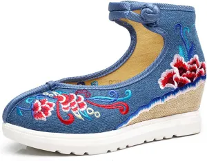 Qhome Women's Floral Embroidery Comfortable Casual Walking Canvas Elevator Espadrilles Linen Wedge Shoes