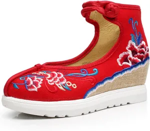 Qhome Women's Floral Embroidery Comfortable Casual Walking Canvas Elevator Espadrilles Linen Wedge Shoes
