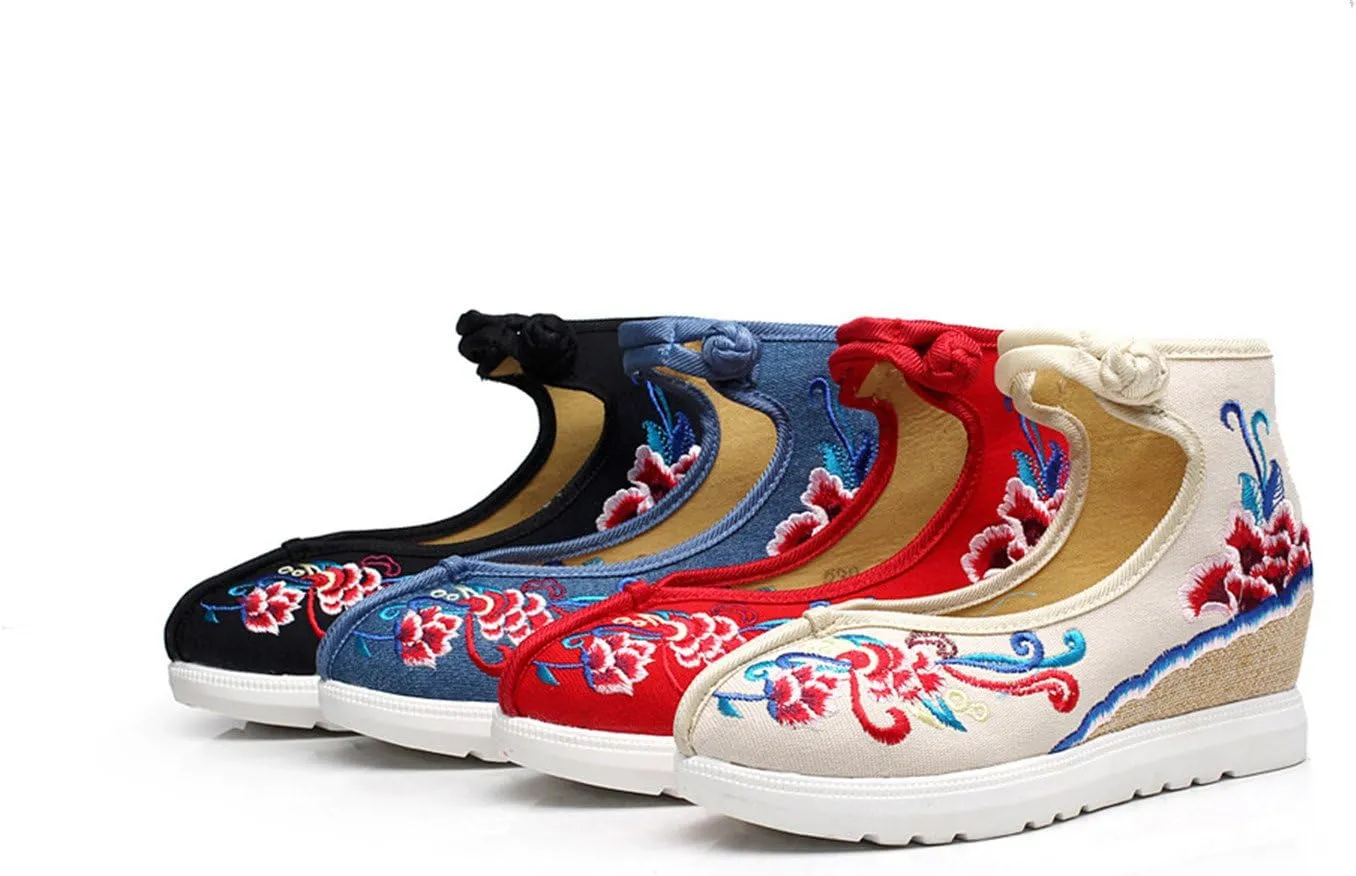 Qhome Women's Floral Embroidery Comfortable Casual Walking Canvas Elevator Espadrilles Linen Wedge Shoes