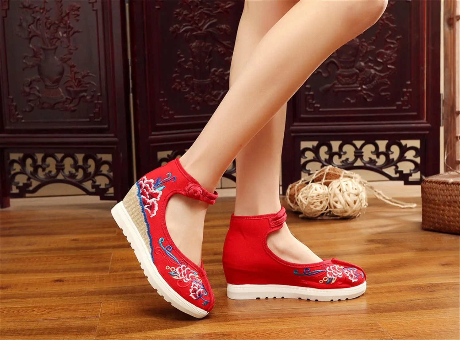 Qhome Women's Floral Embroidery Comfortable Casual Walking Canvas Elevator Espadrilles Linen Wedge Shoes