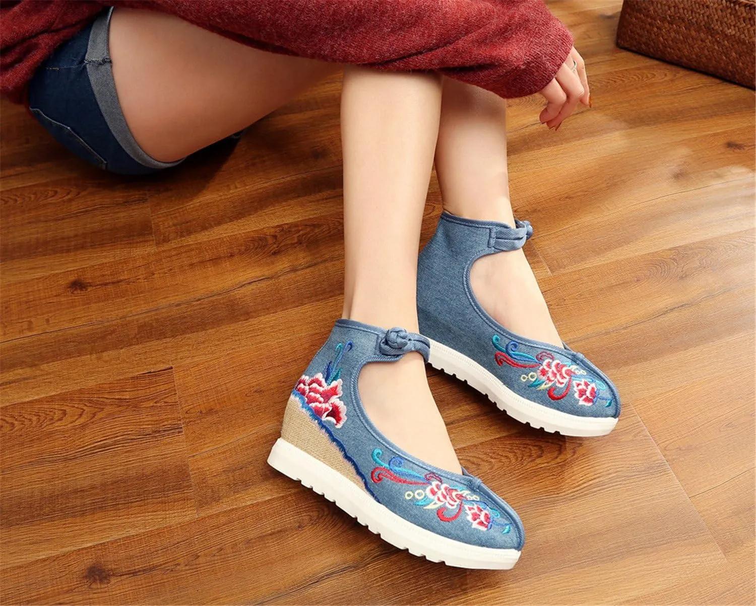 Qhome Women's Floral Embroidery Comfortable Casual Walking Canvas Elevator Espadrilles Linen Wedge Shoes