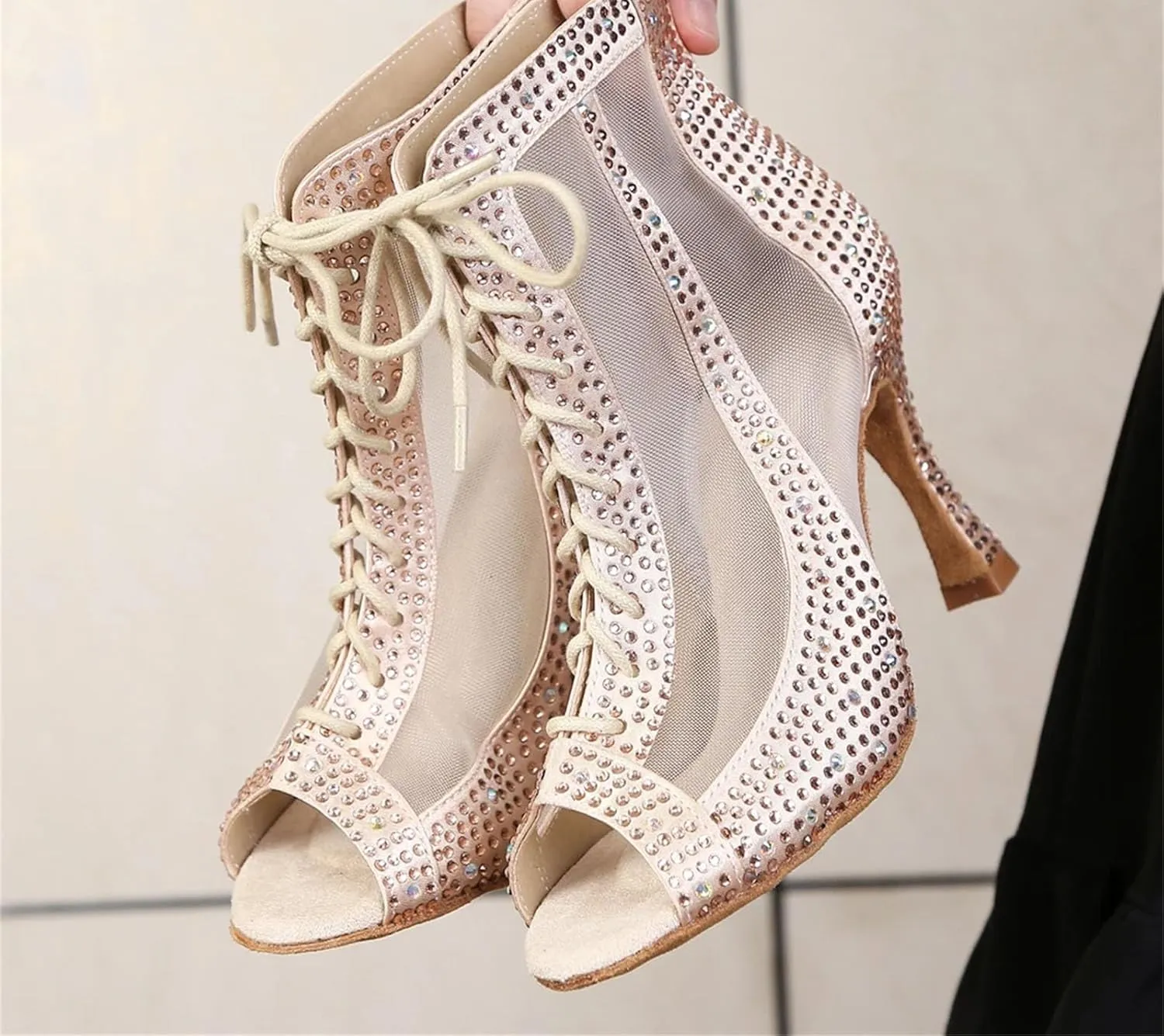 Rhinestone Ballroom Boots - Sexy Mesh Heels for Pole Dance (9CM/3.54")