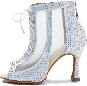 Rhinestone Ballroom Boots - Sexy Mesh Heels for Pole Dance (9CM/3.54")