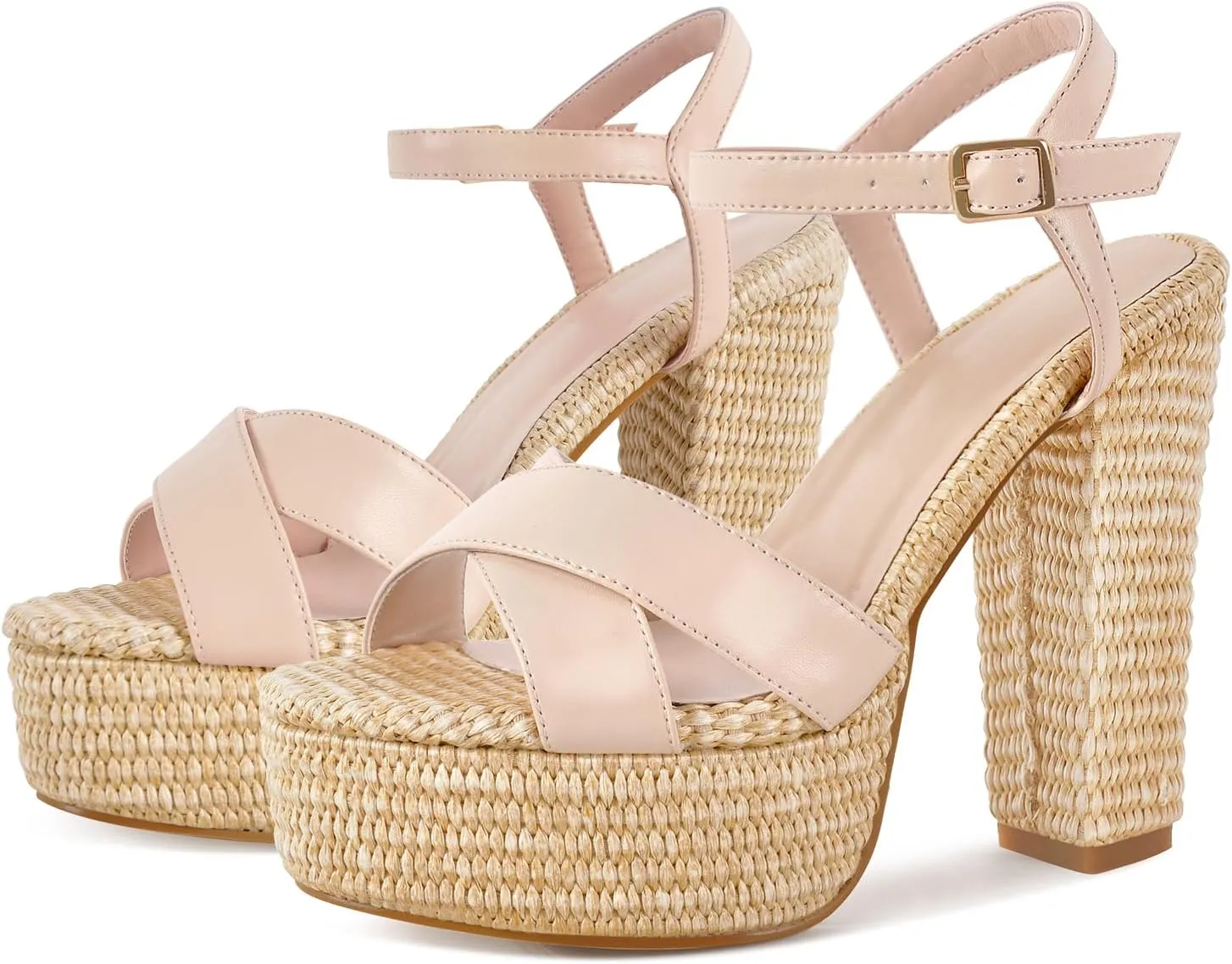 richealnini Espadrilles Platform Heels Sandals for Women Ankle Buckle Strap Block High Heels Casual Wedding Party Dress Shoes