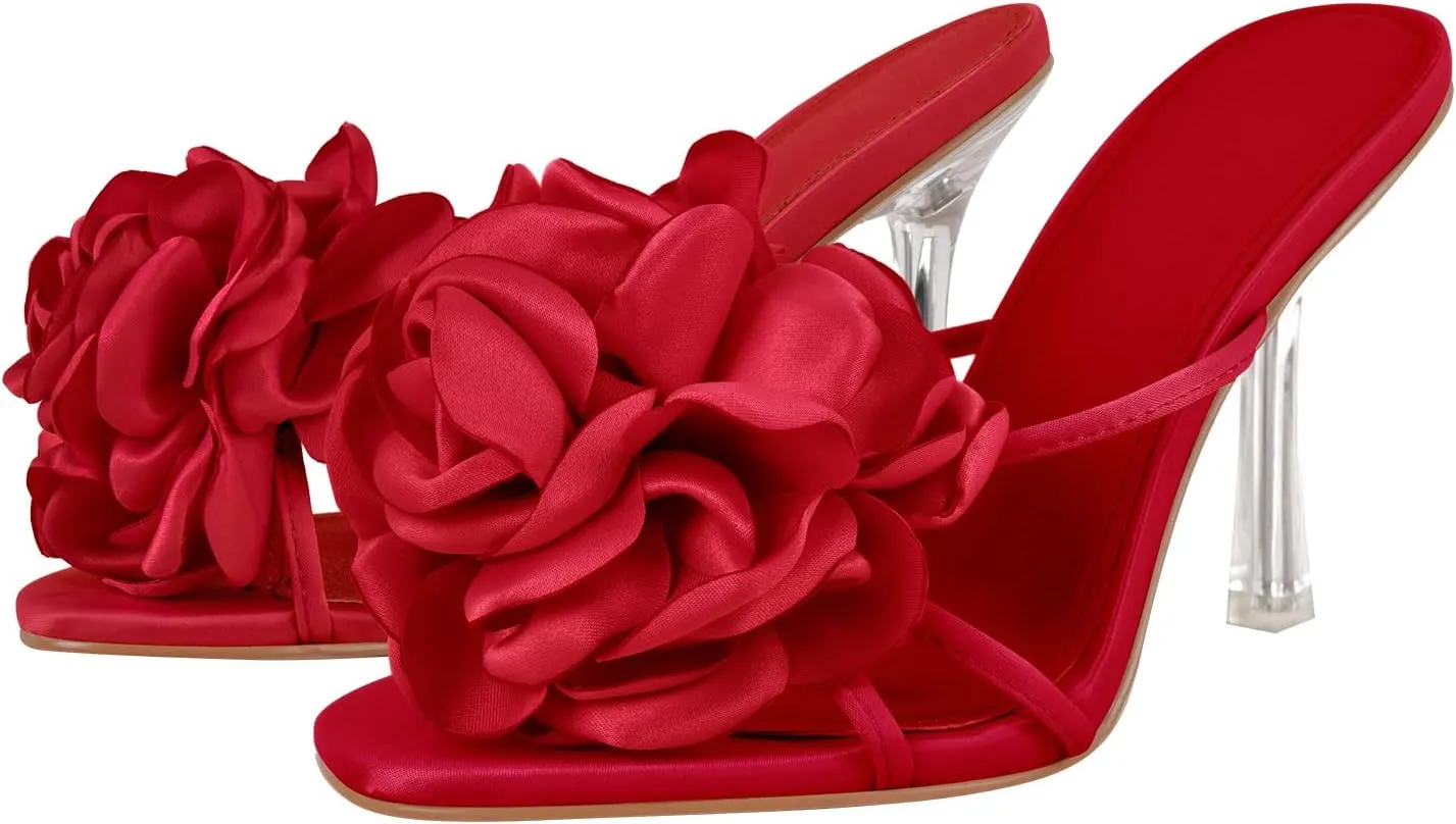 richealnini Floral Heels Sandals for Women Slip On Clear Heels Square Toe Stilettos