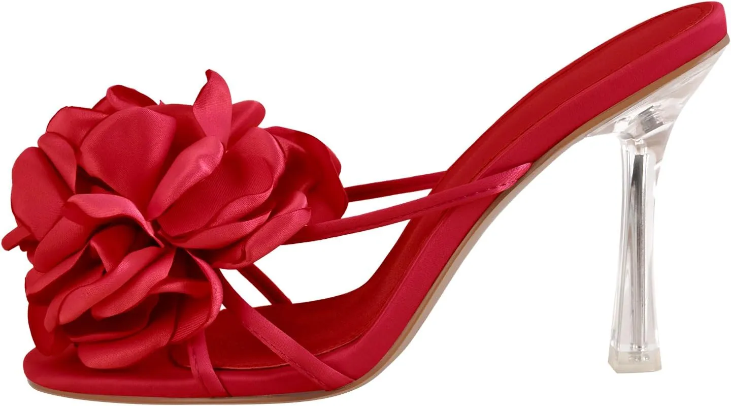 richealnini Floral Heels Sandals for Women Slip On Clear Heels Square Toe Stilettos