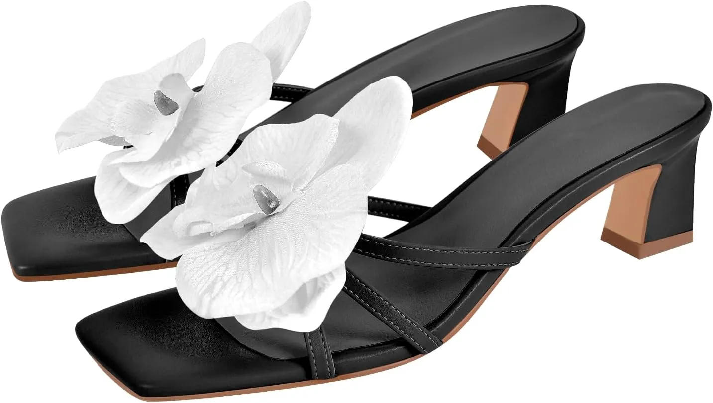 richealnini Orchid Heels for Women Slip On Floral Block Heels