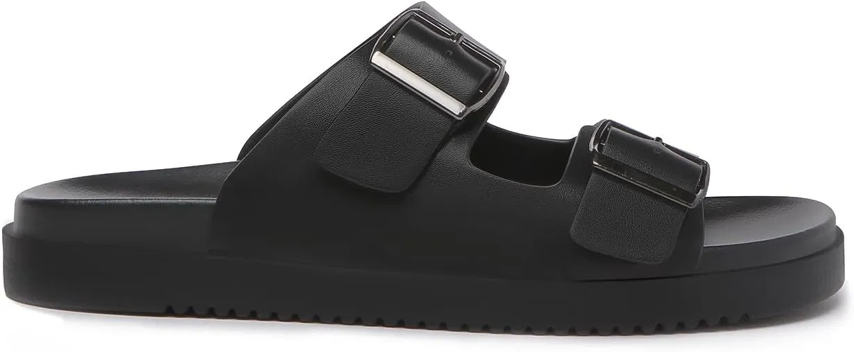 Rihero Women's Flat Sandals Comfort Adjustable Double Strap Slip on Leather Footbed Sandals