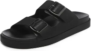 Rihero Women's Flat Sandals Comfort Adjustable Double Strap Slip on Leather Footbed Sandals
