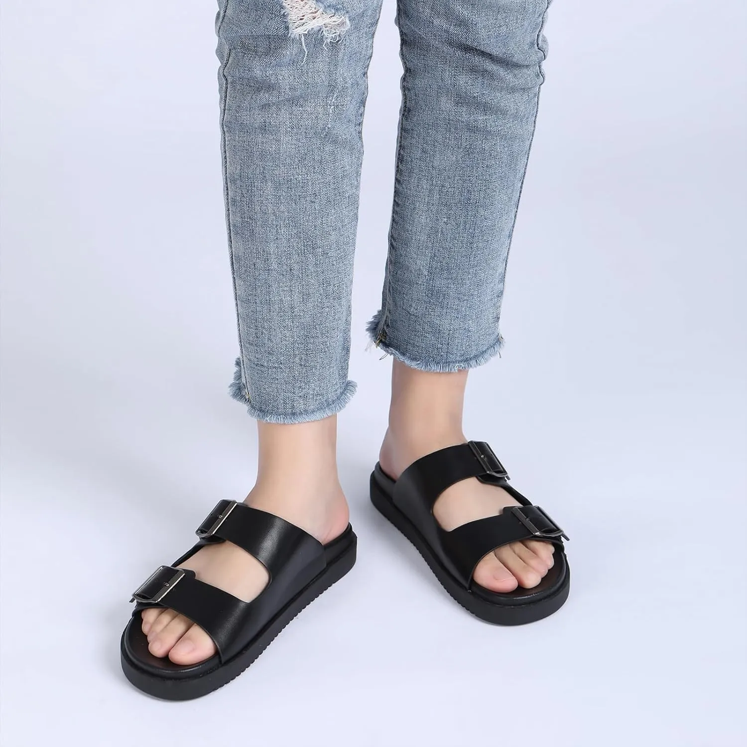 Rihero Women's Flat Sandals Comfort Adjustable Double Strap Slip on Leather Footbed Sandals