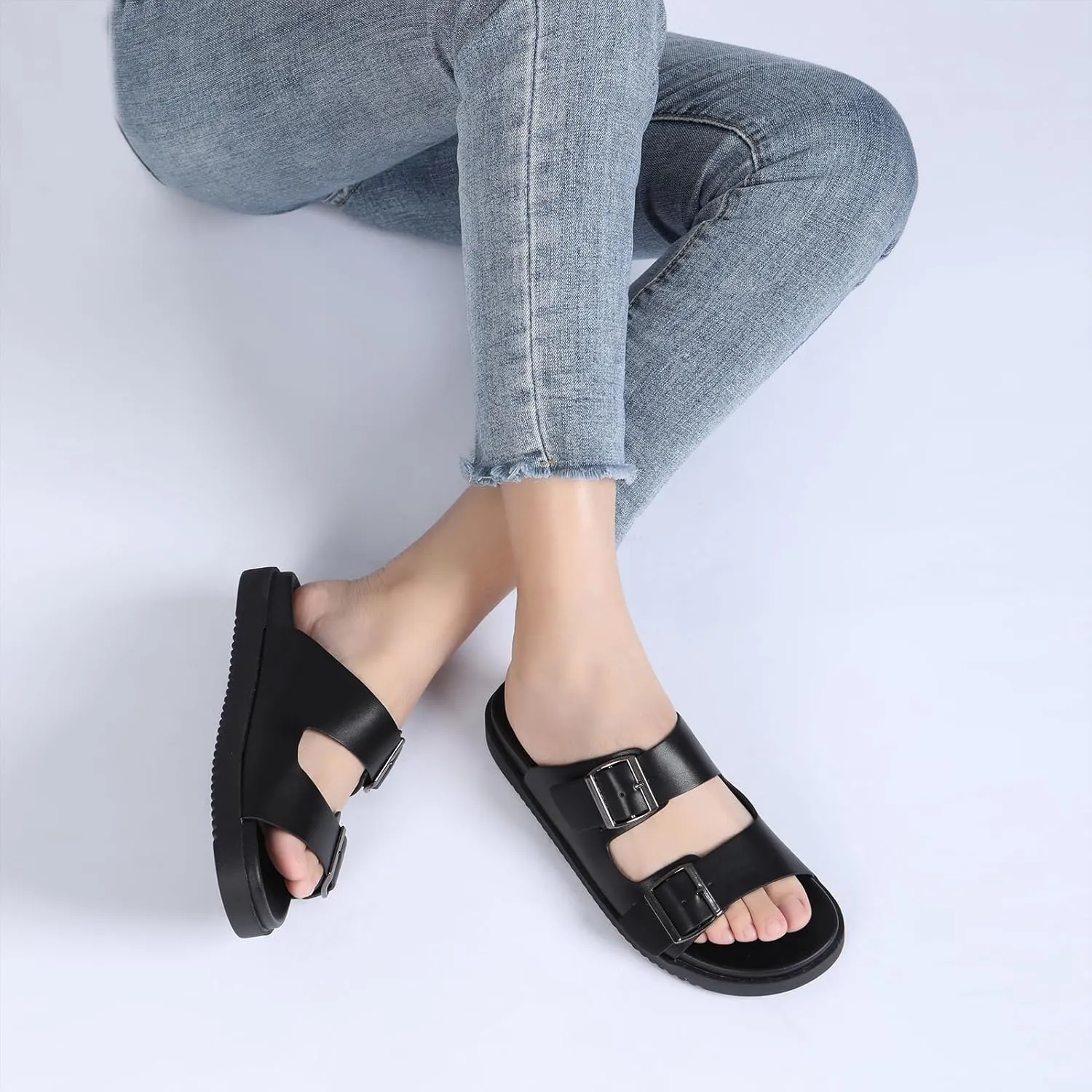 Rihero Women's Flat Sandals Comfort Adjustable Double Strap Slip on Leather Footbed Sandals